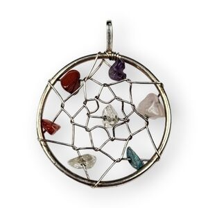 Dreamcatcher Pendant Colorful Gemstone Chip Silver Tone Wire Wrapped Vtg 1 5/8"